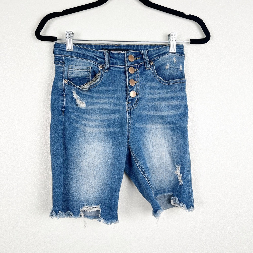 Dollhouse Womens Bermuda Cut Off Shorts Blue Distressed Button Fly Size 4